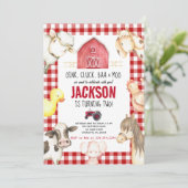 Farm Animals Boy Red Gingham Barnyard Birthday Inv Kaart (Staand voorkant)
