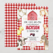 Farm Animals Boy Red Gingham Barnyard Birthday Inv Kaart (Voorkant / Achterkant)