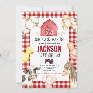 Farm Animals Boy Red Gingham Barnyard Birthday Inv Kaart