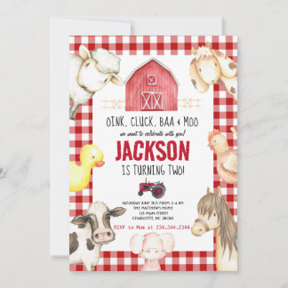 Farm Animals Boy Red Gingham Barnyard Birthday Inv Kaart