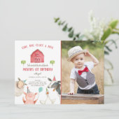 Farm Animals Boy Red Gingham Barnyard Birthday Kaart (Staand voorkant)