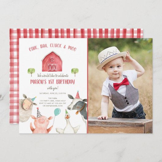 Farm Animals Boy Red Gingham Barnyard Birthday Kaart (Voorkant / Achterkant)