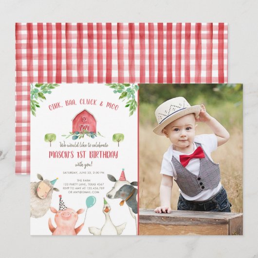 Farm Animals Boy Red Gingham Barnyard Birthday Kaart (Voorkant / Achterkant)