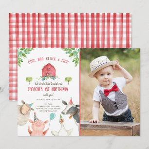 Farm Animals Boy Red Gingham Barnyard Birthday Kaart