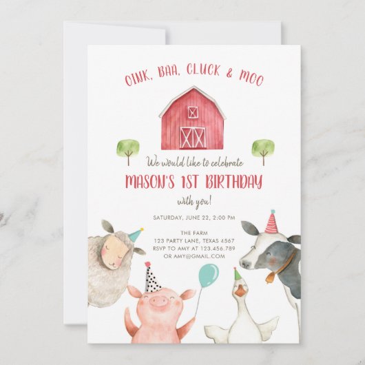 Farm Animals Boy Red Gingham Barnyard Birthday Kaart (Voorkant)