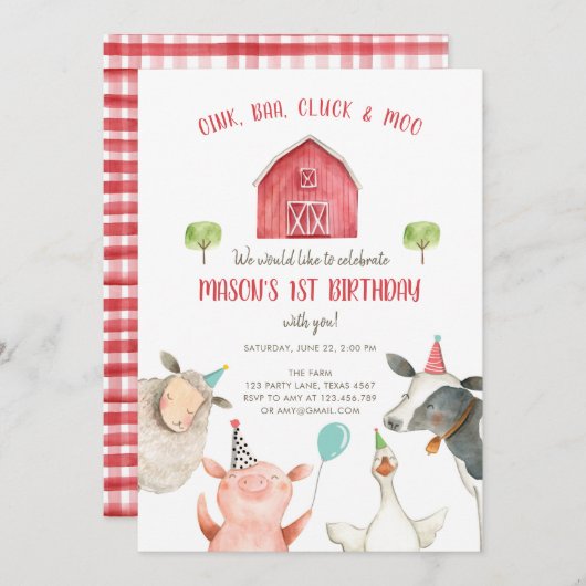 Farm Animals Boy Red Gingham Barnyard Birthday Kaart (Voorkant / Achterkant)