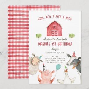 Farm Animals Boy Red Gingham Barnyard Birthday Kaart