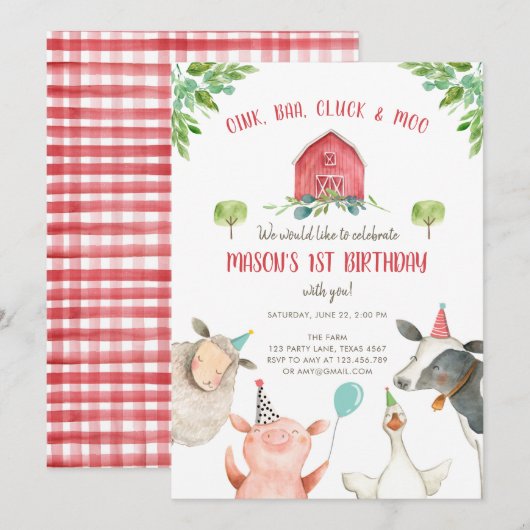 Farm Animals Boy Red Gingham Barnyard Birthday Kaart (Voorkant / Achterkant)