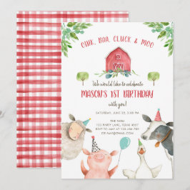 Farm Animals Boy Red Gingham Barnyard Birthday Kaart