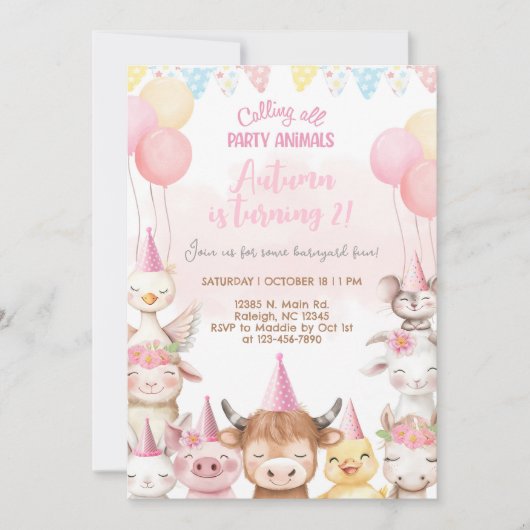Farm animals close-up girl birthday invitation. kaart (Voorkant)