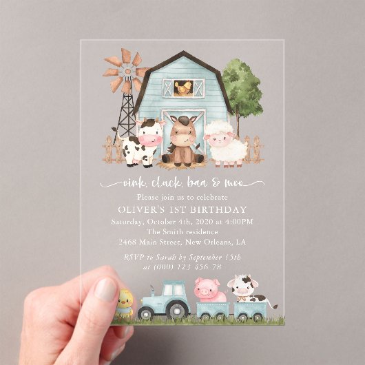 Farm Animals, Cute Animals, Barn, First Birthday Acryl Uitnodigingen (Insitu (Draagbaar))