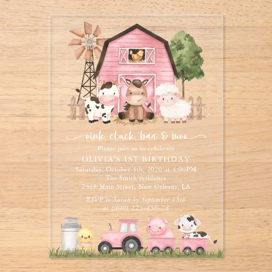 Farm Animals, Cute Animals, Barn, First Birthday Acryl Uitnodigingen (Voorkant)