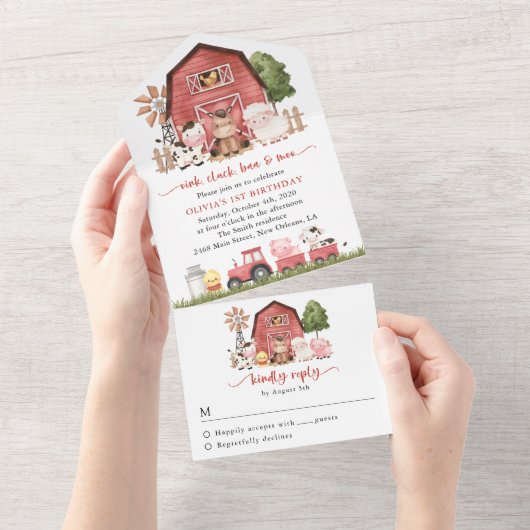 Farm Animals, Cute Animals, Barn, First Birthday All In One Uitnodiging (Afscheurbaar)