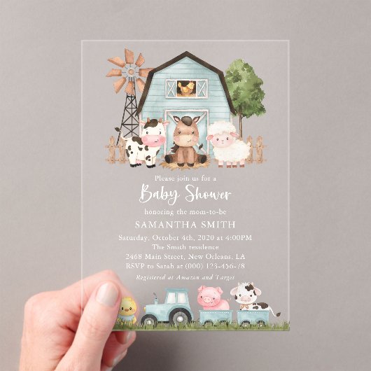 Farm Animals, Cute Animals, Blue Barn, Baby Shower Acryl Uitnodigingen (Insitu (Draagbaar))