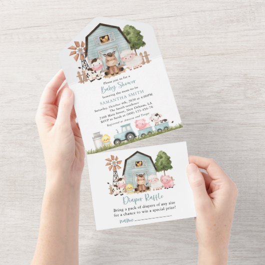 Farm Animals, Cute Animals, Blue Barn, Baby Shower All In One Uitnodiging (Afscheurbaar)