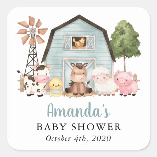 Farm Animals, Cute Animals, Blue Barn, Baby Shower Vierkante Sticker (Voorkant)