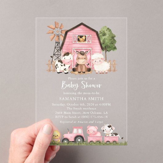 Farm Animals, Cute Animals, Pink Barn, Baby Shower Acryl Uitnodigingen (Insitu (Draagbaar))