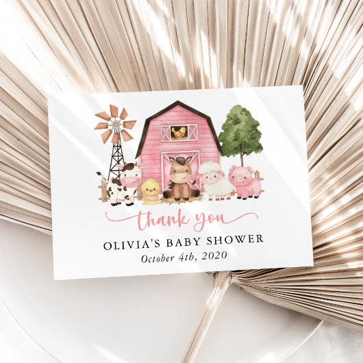 Farm Animals, Cute Animals, Pink Barn, Baby Shower Bedankkaart