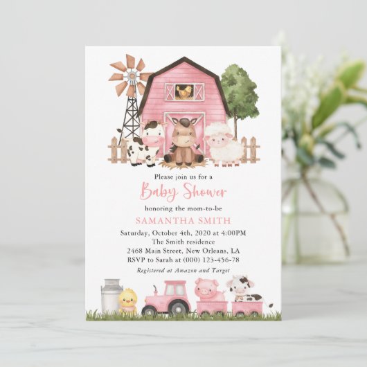 Farm Animals, Cute Animals, Pink Barn, Baby Shower Kaart (Staand voorkant)