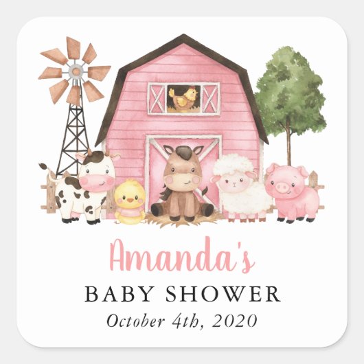 Farm Animals, Cute Animals, Pink Barn, Baby Shower Vierkante Sticker (Voorkant)