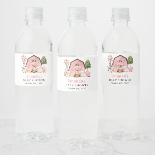 Farm Animals, Cute Animals, Pink Barn, Baby Shower Waterfles Etiket (Flessen)