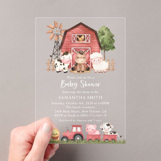 Farm Animals, Cute Animals, Red Barn, Baby Shower Acryl Uitnodigingen (Insitu (Draagbaar))
