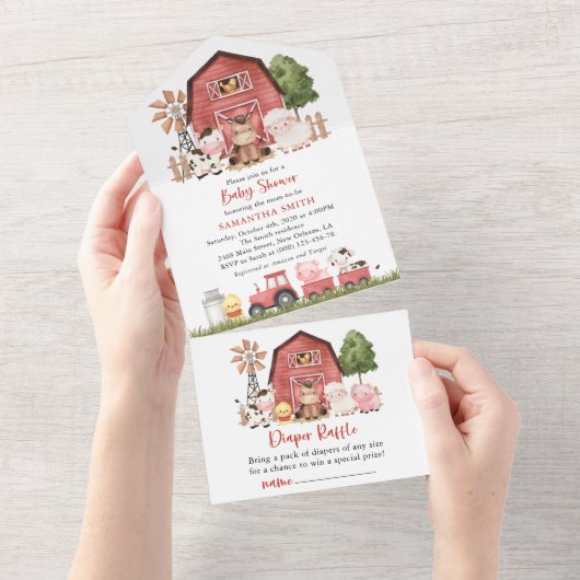 Farm Animals, Cute Animals, Red Barn, Baby Shower All In One Uitnodiging (Afscheurbaar)