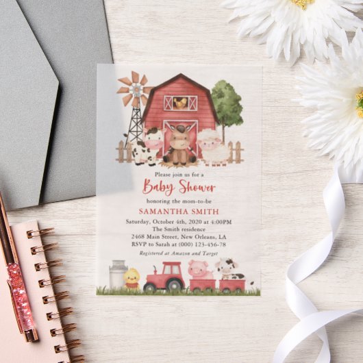 Farm Animals, Cute Animals, Red Barn, Baby Shower Vellum Uitnodigingen (Huwelijk)