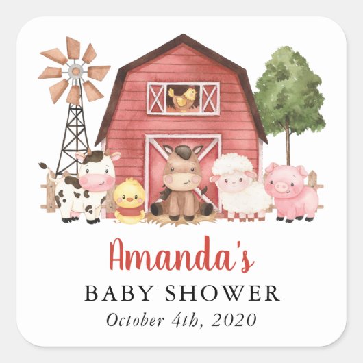 Farm Animals, Cute Animals, Red Barn, Baby Shower Vierkante Sticker (Voorkant)