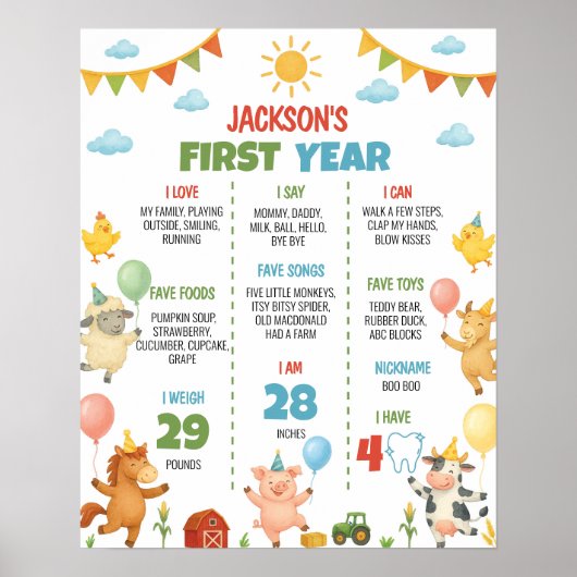 Farm Animals First Year Milestone Sign Poster (Voorkant)