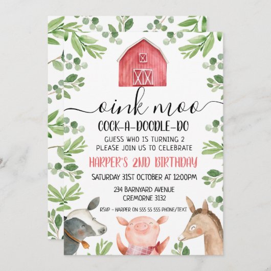 Farm Animals Foliage 2e verjaardag uitnodiging (Voorkant / Achterkant)