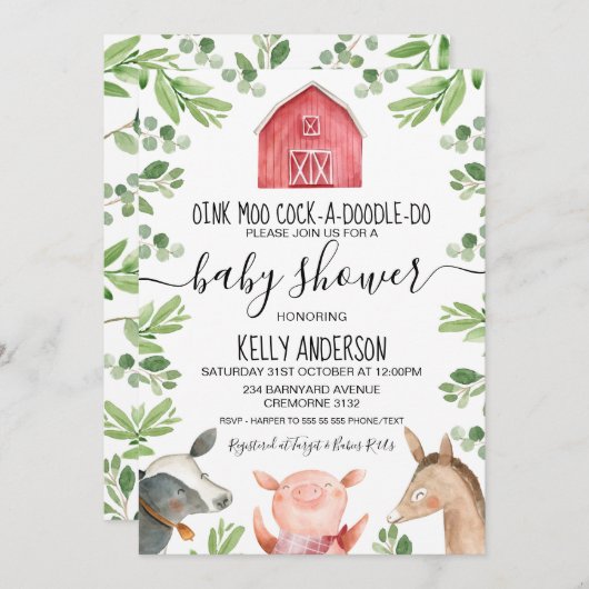 Farm Animals Foliage Baby shower Invitation Kaart (Voorkant / Achterkant)