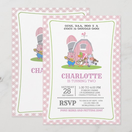 Farm Animals Funny Birthday Invitation Kaart (Voorkant / Achterkant)