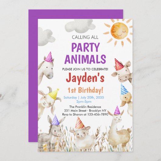 Farm Animals gender neutral Barnyard 1st Birthday Kaart (Voorkant / Achterkant)