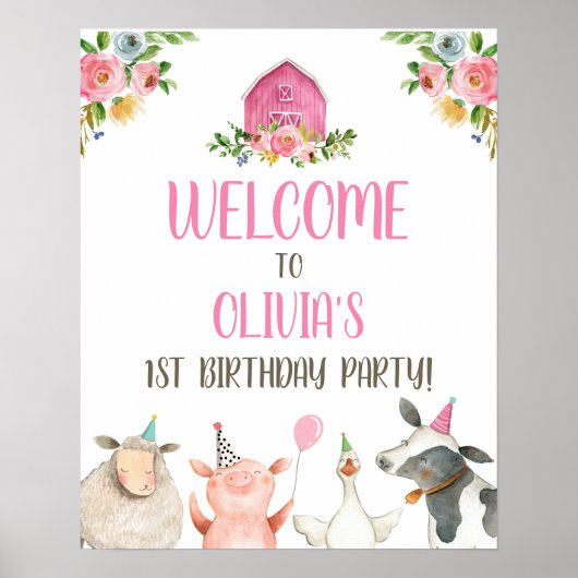 Farm Animals Girl Birthday Party Barn Barnyard Poster (Voorkant)