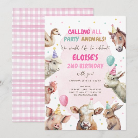 Farm Animals Girl Calling Party Animals Birthday I Kaart (Voorkant / Achterkant)