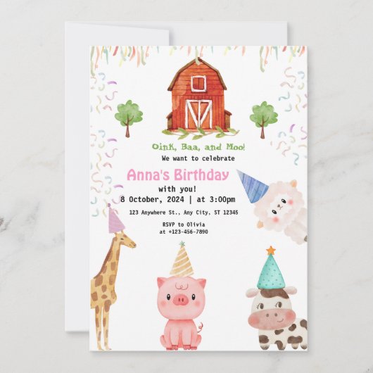 Farm Animals Girl Gingham Barnyard Birthday Kaart (Voorkant)