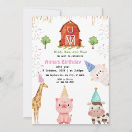 Farm Animals Girl Gingham Barnyard Birthday Kaart