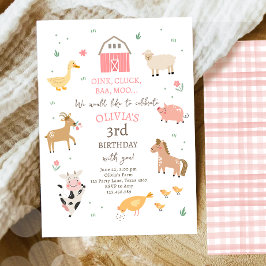 Farm Animals Girl Gingham Barnyard Birthday Kaart