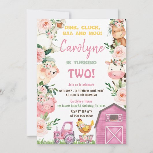 Farm Animals Girl Pink Birthday Invitation Kaart (Voorkant)