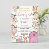 Farm Animals Girl Pink Birthday Invitation Kaart (Staand voorkant)