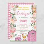 Farm Animals Girl Pink Birthday Invitation Kaart (Voorkant / Achterkant)