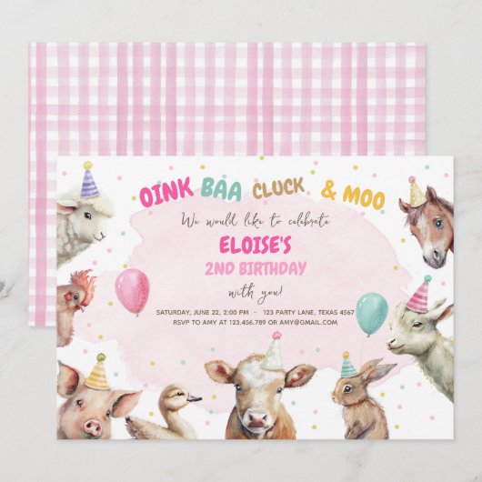 Farm Animals Girl Pink Gingham Barnyard Birthday I Kaart (Voorkant / Achterkant)