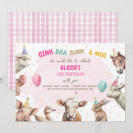Farm Animals Girl Pink Gingham Barnyard Birthday I Kaart