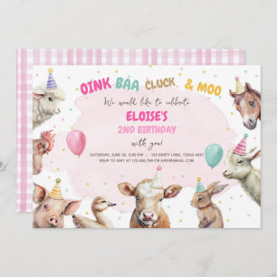 Farm Animals Girl Pink Gingham Barnyard Birthday I Kaart