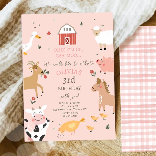 Farm Animals Girl Pink Gingham Barnyard Birthday I Kaart