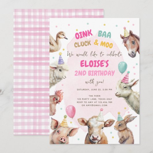 Farm Animals Girl Pink Gingham Barnyard Birthday I Kaart (Voorkant / Achterkant)