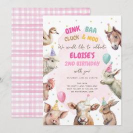 Farm Animals Girl Pink Gingham Barnyard Birthday I Kaart