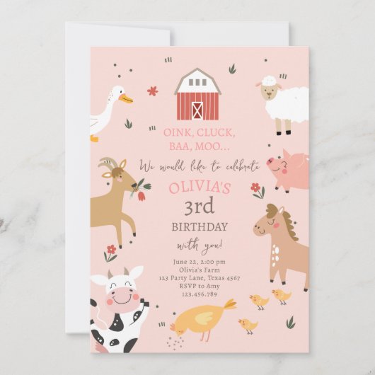 Farm Animals Girl Pink Gingham Barnyard Birthday I Kaart (Voorkant)