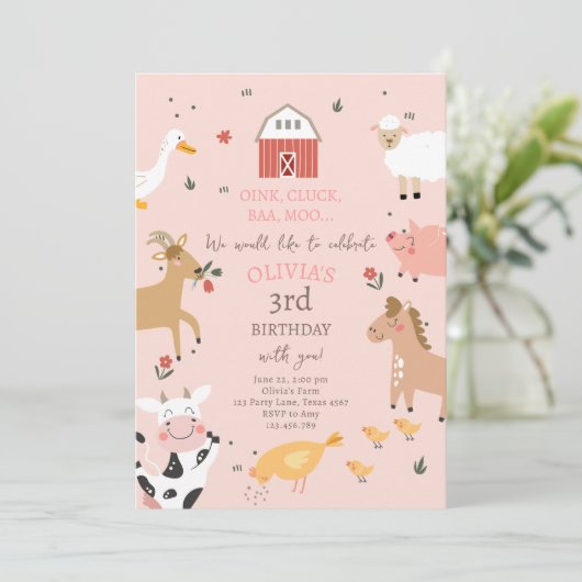 Farm Animals Girl Pink Gingham Barnyard Birthday I Kaart (Staand voorkant)